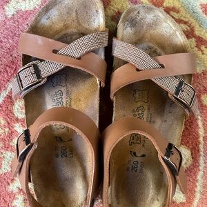 Birkies by Birkenstock. Medium brown with buckle strap at ankle. Size 40
